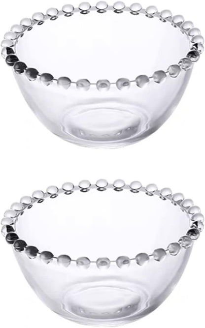 Sizikato 2pcs Clear Glass Dessert Bowl, 4.5-Inch Beaded Edges Fruit Bowl, Salad Bowl