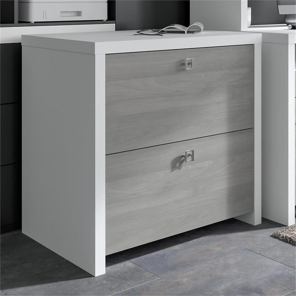 Pemberly Row 2-Drawer Engineered Wood Lateral File Cabinet, Durable Gray/Pure White Laminate Finish, Satin Silver Hardware, 31.61" W x 20" D x 30" H, Spacious Drawers for Letter/Legal Size Documents