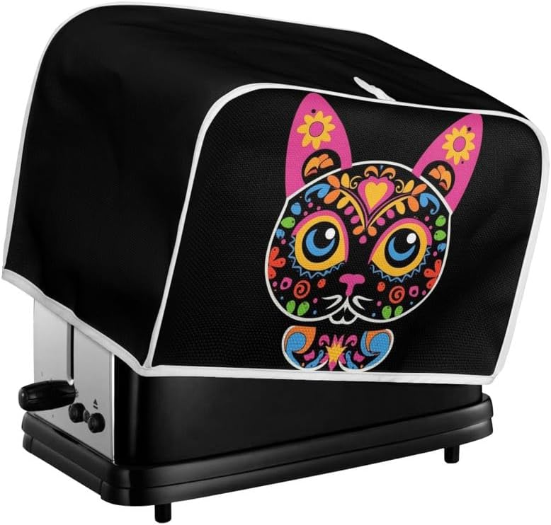 Toaster Cover for 4 Slice Sugar Skull Cat Black, Washable Protective Cover with Hang Loop (16x16") 2PCS