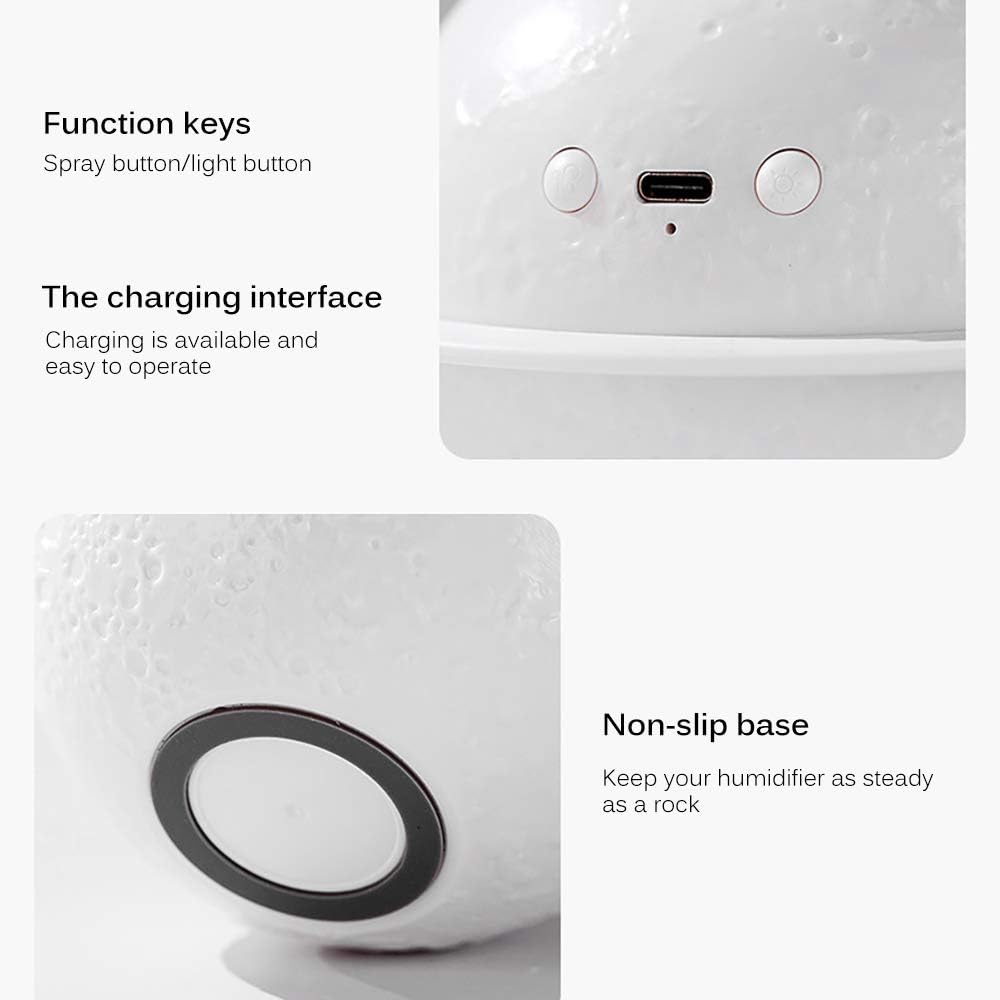 Moon Lamp Humidifier, 2 in 1 Night Light & Humidifier with USB Recharge, 3 Colors 3D LED Moon Light with Stand,