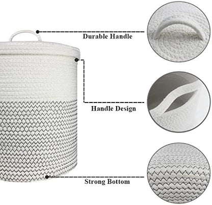Yimi's Dream Woven Basket - Decorative Storage Solution with Lid for Kids & Toys | Medium Size (White & Black, 12D x 13.5H Inch)