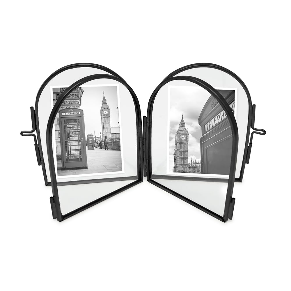 Isaac Jacobs 2x3 Vintage Style, Double-Sided Arched Brass & Glass Metal Floating Picture Frame with Locket Closure (Vertical), Made for Tabletop Display (2x3 Vertical, Black)
