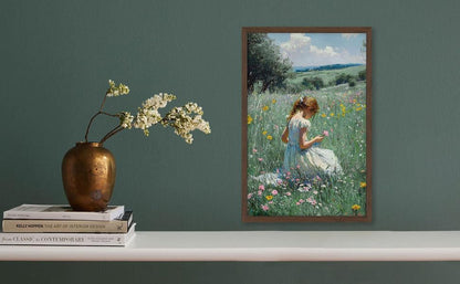 16x24 Inches Framed Girl in Wildflower Meadow Wall Art Impressionist Oil Painting Print on Canvas, Pastoral Nature