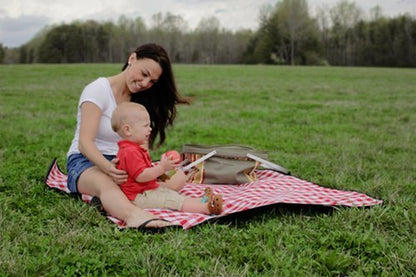 Camco Classic Red & White Checkered Picnic Blanket with Waterproof Backing - Includes Convenient Carry Strap | Comfortable and Durable Material | Measures 51" x 59" - (42803)