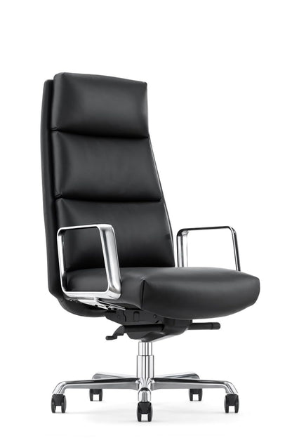 FURIJING Genuine Leather Aluminum Base High Back Executive Chair,Modern Ergonomic Real Leather Office Chair Boss Executive Chair with Synchro-Tilt Mechanism-Black.
