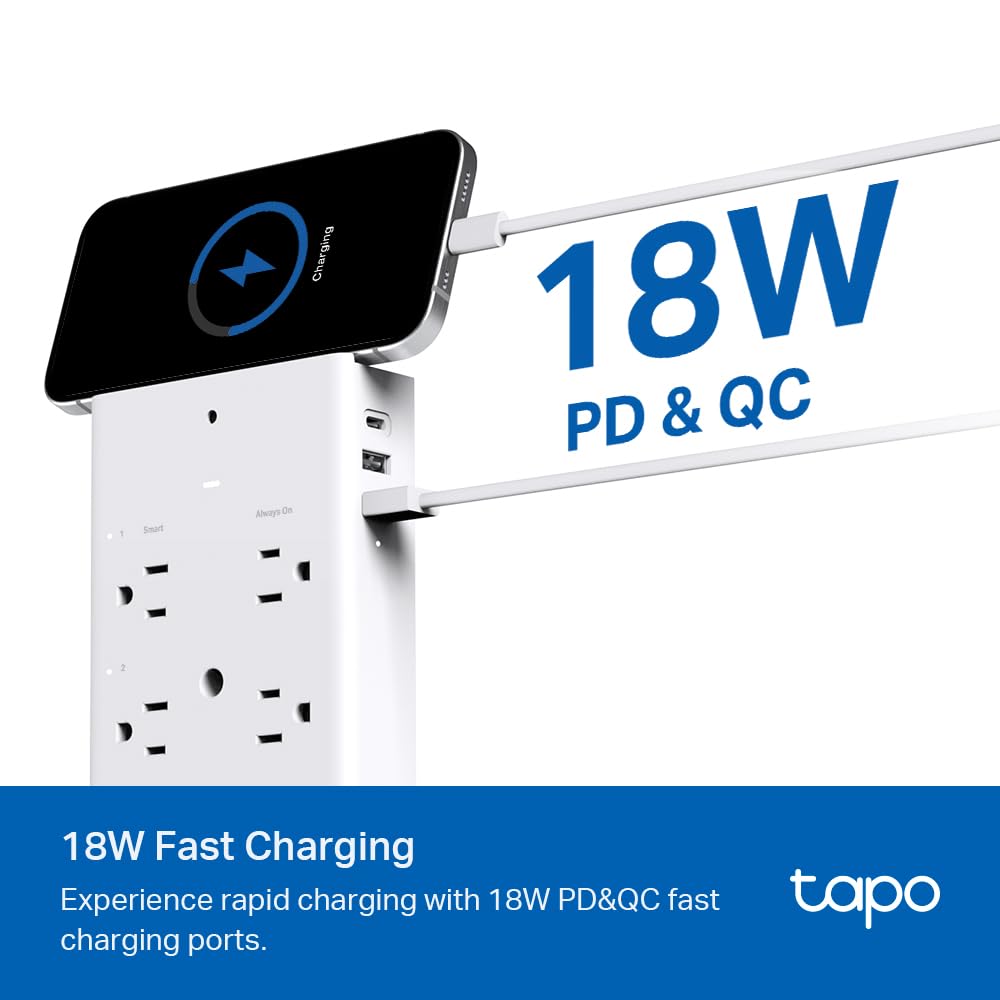 TP-Link Tapo Smart Plug Outlet Extender, Surge Protector, 18W Fast Charging, 3 Individual Smart Outlets, 1x USB-C & 2X USB-A, Smart Night Light, Works w/Apple HomeKit, Alexa & Google Home, Tapo P306