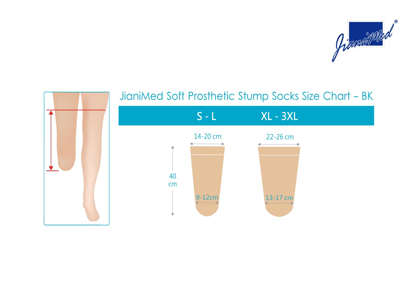 JianiMed Cotton Prosthetic Stump Socks – BK, 1 PLY, Light Compression, Soft, Thin, Amputee Socks, Taiwan Excellence, 4 PCS XL/2XL/3XL