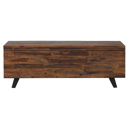 MAKLAINE Broadmore Rectangular Acacia Wood Storage Trunk, 46 in Top, Brown Finish, Black Metal Legs, Hinged Lid, Versatile Coffee Table or Entryway Storage for Living Room or Bedroom