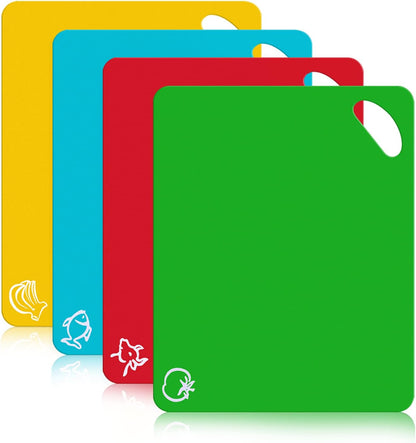 Kitchen Plastic Cutting Board Set, Extra Thick Flexible Non-Slip Chopping Board with Colored Icons, Set of 4