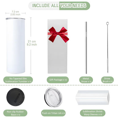 Kocdam 10 Pack 20 oz Sublimation Tumbler Blanks Skinny Straight Tumblers Bulk Stainless Steel Insulated Sublimation Tumblers 20oz with Lid and Straw, Gift Box