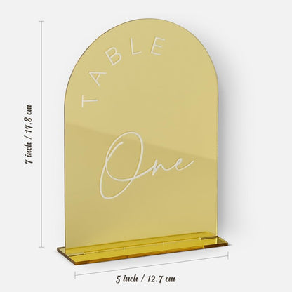 Gold Mirror Arch Wedding Table Numbers 1-20 with Stands, 5x7 Inch Acrylic Arch Sign with Holder, Gold Arch Acrylic Table Numbers for Wedding Reception(1-20, 5"x7")