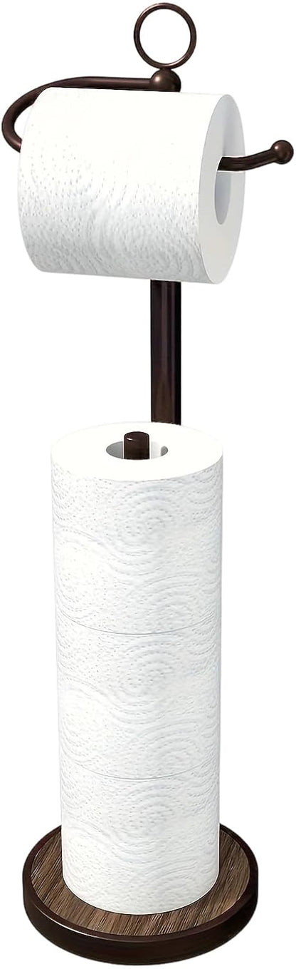 Skiennix Free Standing Toilet Paper Holder - Stylish Storage for 4 Rolls with Weighted Wood Grain Base - Black & Bronze