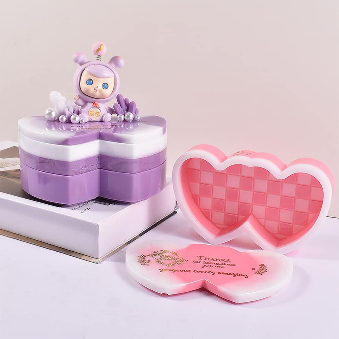 DeryArcle 2Pcs Double Heart Box Resin Mold Jewelry Case Silicone Molds with lid Trinket Storage Mould Container Epoxy Resin Casting Moulds for DIY Cosmetic Candy Organizer Craft Home Decor