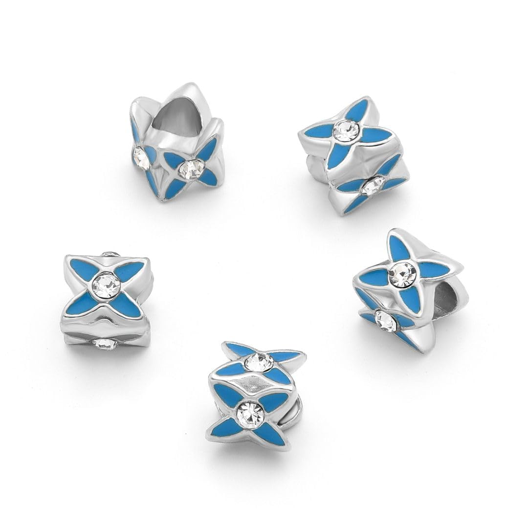 40pcs Sparkle Rhinestone Blue Enamel Flower Large Hole Loose Beads (4.5mm Hole) Antique Silver Metal Spacer for DIY Craft Jewelry Making MEC-E5