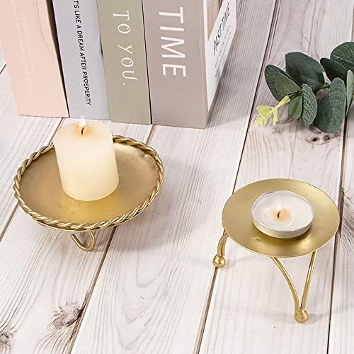 dedoot Gold Candle Holders Set of 2, Decorative Handmade Iron Pillar Plate Centerpiece for LED & Wax Candles