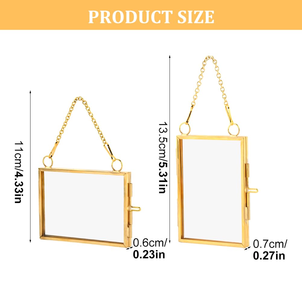 YOSINXU 4PCS Glass Frame for Pressed Flowers, 2x3 Inch Brass Hanging Photo Frame Double Glass-Frame with Chain for Pressed Flowers Leaf and Artwork with Ribbon