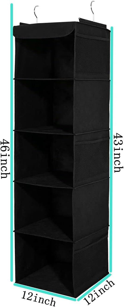 BrilliantJo 2 Pack Closet 5 6 43"x12"x12"(Black) Hanging Organizer, Shelves Hanging Storage with Side Pockets