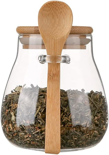 Glass Food Storage Jar, Sugar Bowl Tea Jar with Airtight Lid and Spoon