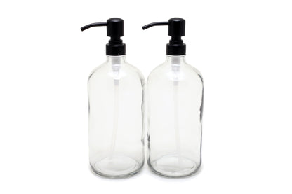 Vivaplex, 2, Large, 32 oz, Empty, Clear Glass Bottles with Stainless Steel, Matte Black, Lotion Pumps