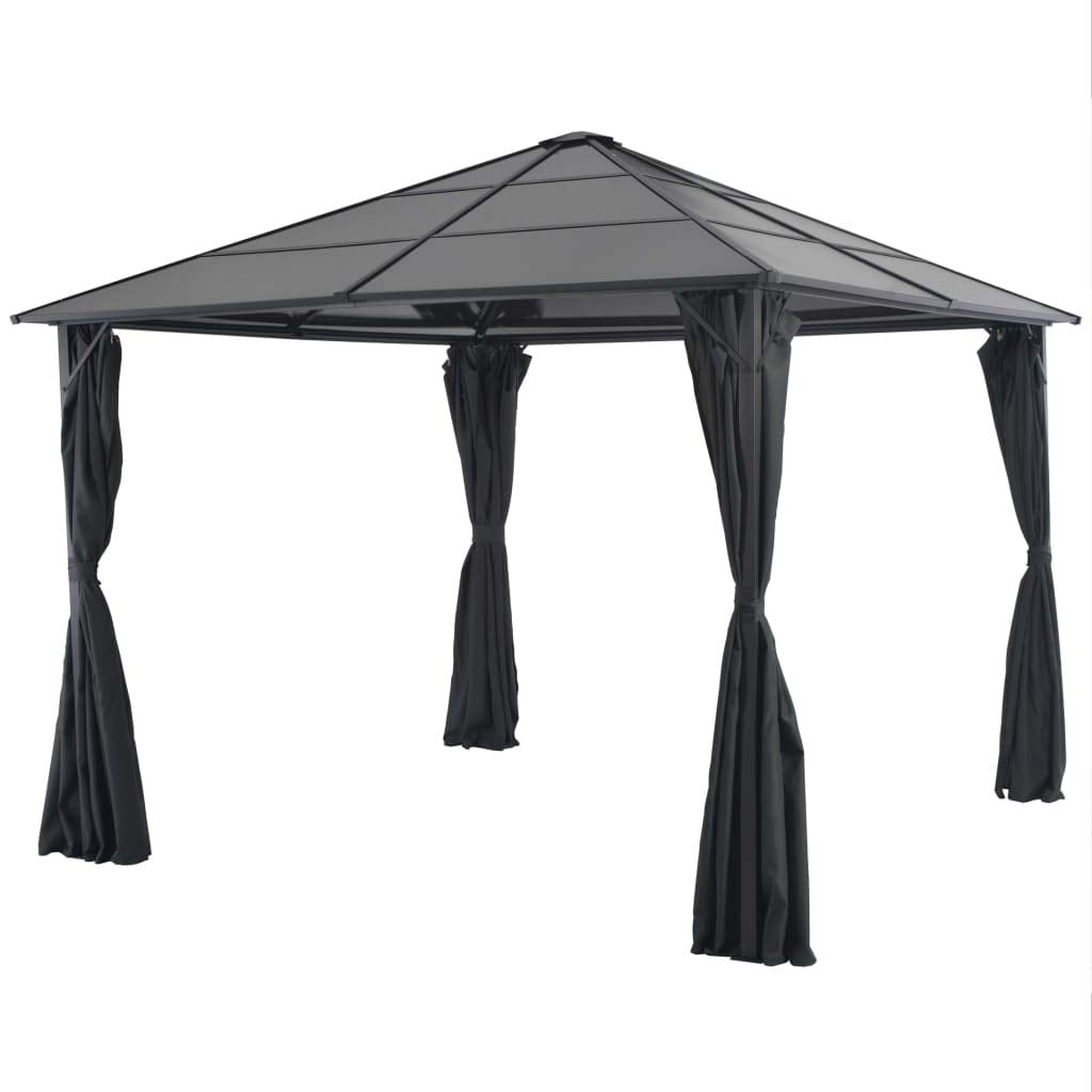 hliofuir 9.8'x9.8' Outdoor Gazebo with Curtains Black Aluminum Hardtop Pavilion with PC Board Roof for Patio Backyard Garden BBQ and Family Gatherings Sturdy Metal Frame