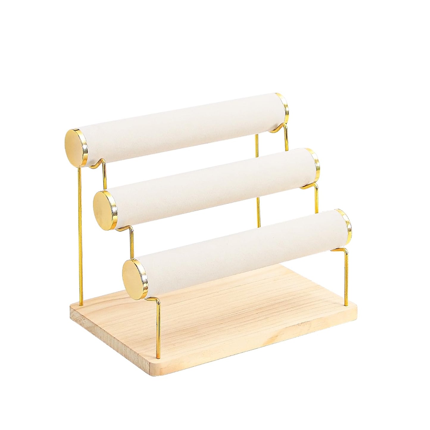 Pengup Bracelet Holder, Bracelet Displays for Vendors, 3 Tier Jewelry Organizer Stand for Selling, Jewelry Necklaces Storage Rack with Wood Base (Beige+Gold)