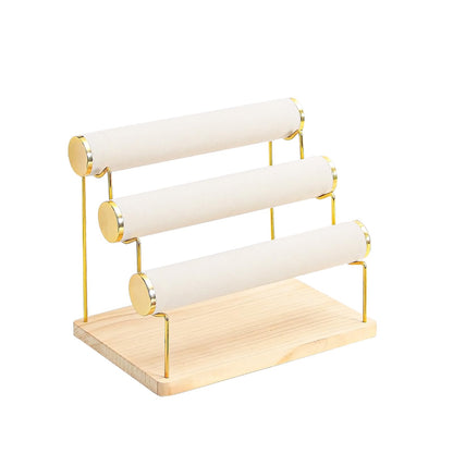 Pengup Bracelet Holder, Bracelet Displays for Vendors, 3 Tier Jewelry Organizer Stand for Selling, Jewelry Necklaces Storage Rack with Wood Base (Beige+Gold)