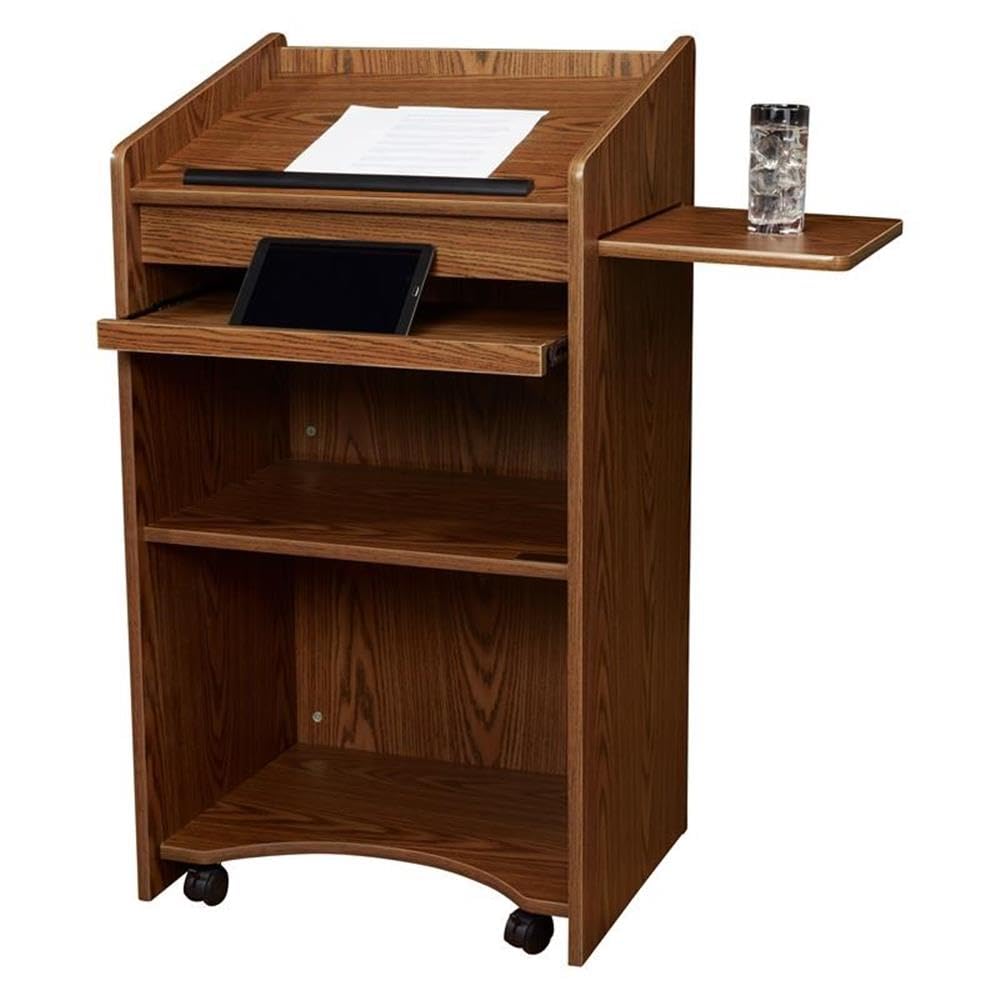 Pemberly Row Aristocrat Modern Wood Lectern, Non-Sound Podium with Slide-Out A/V Shelf & Storage, Medium Oak