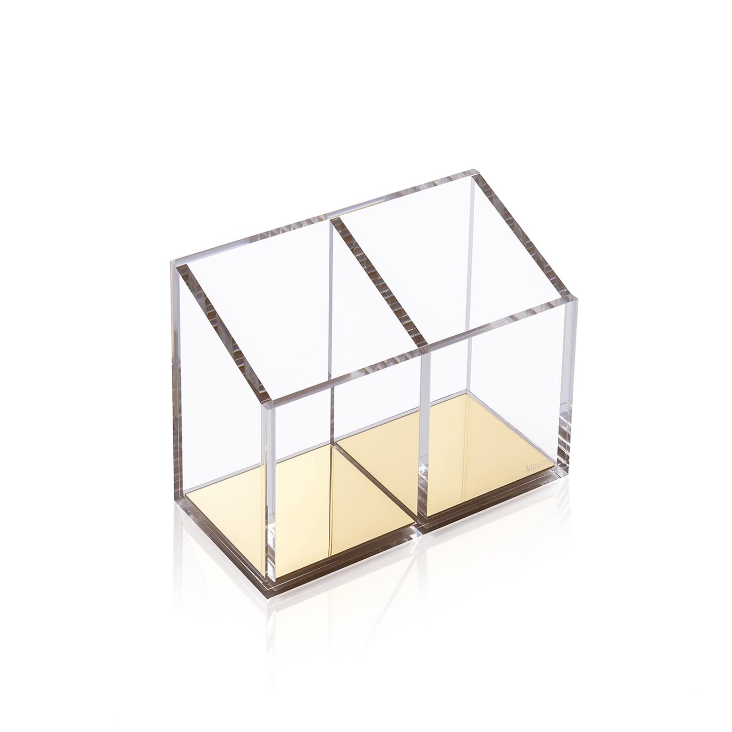 Mouchoi Modern Acrylic Pen Holder with 2 Compartments Gold Base, Multifunctional Pencil Holder for Desk Gold Mirror, Makeup Brush Holder, Marker Holder for Office, Classroom, Home