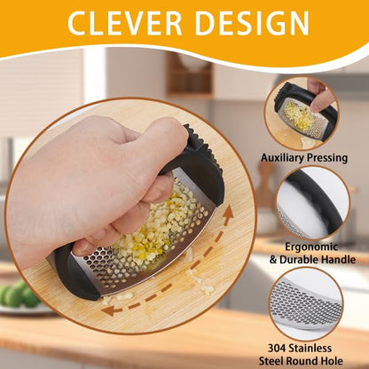 Garlic Press Equipped with Soft Ergonomic Handle, Easy to Crush Garlic, Easy to Clean, and Rust-resistant, Upgrade Black