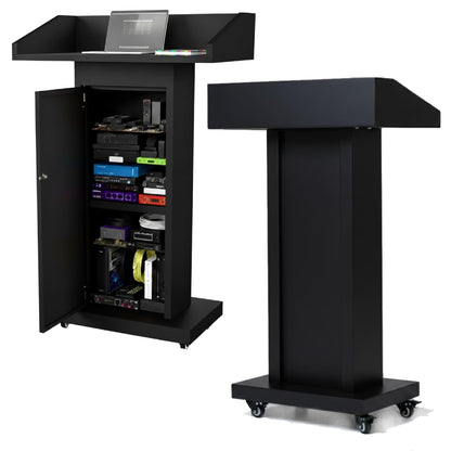 Heavy-Duty Black Metal Podium Stand with Lockable Wheels | Mobile Lectern with Storage Cabinet & Standard 44.56" Height | for Conference Rooms, Churches, Classrooms & Events (Style 3)