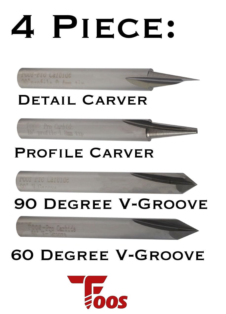 FOOS - Engraving CNC Wood Carving Router Bit Set - 4pcs - Solid Carbide - 1/4” Shanks = Profile + Carving Liner + 2 V Groove USA Veteran Owned