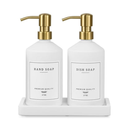 Gold Soap Dispenser Set, Glass Hand and Dish Soap Dispenser Set with Tray,Stainless Pump,14 Stickers for Kitchen,Bathroom Soap and Lotion Dispenser,Modern Counter Decor (White Bottle/Gold Pump)