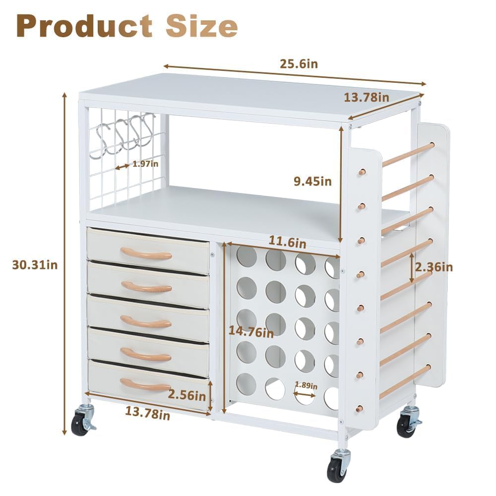 LUCKUP Organization and Storage Craft Table for Cricut Machines, Rolling Cart Cabinet with 28 Vinyl Roll Holders and 5 Drawers, Heat Press Stand Crafting Storage Cart with Hooks