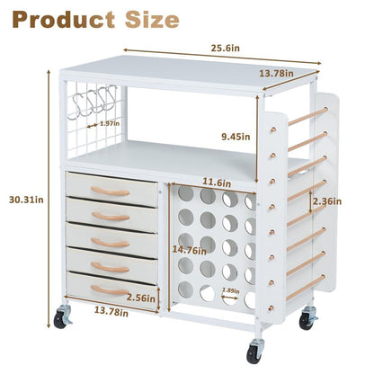 LUCKUP Organization and Storage Craft Table for Cricut Machines, Rolling Cart Cabinet with 28 Vinyl Roll Holders and 5 Drawers, Heat Press Stand Crafting Storage Cart with Hooks