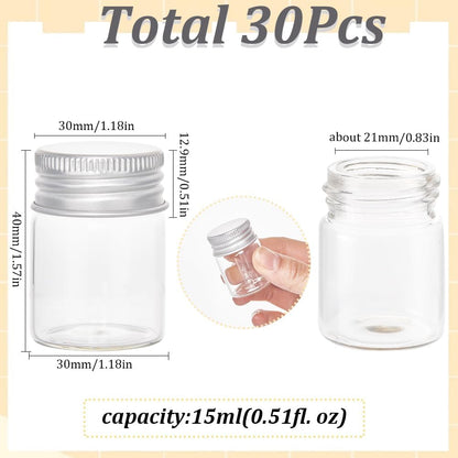 SUNNYCLUE 30Pcs Mini Glass Vials with Aluminum Screw Lids, 15ml Small Clear Tiny Glass Bottles for DIY Craft Storage