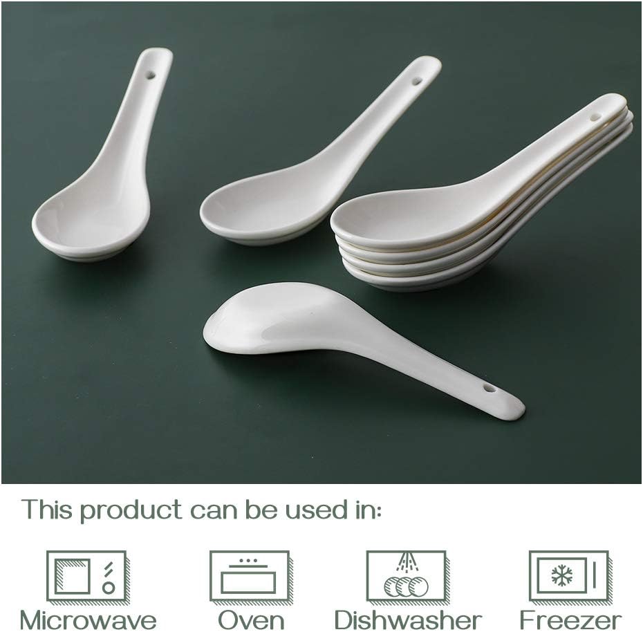 DOWAN Asian Soup Spoons - Set of 12, 5.3 Inch White Ceramic Dessert Spoons for Pho, Miso, Ramen