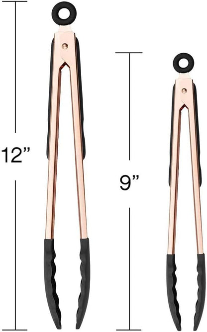 COOK WITH COLOR Stainless Steel Silicone Tipped Kitchen Food BBQ Tongs Set of Two, 9” and 12” for Non-Stick Cookware,