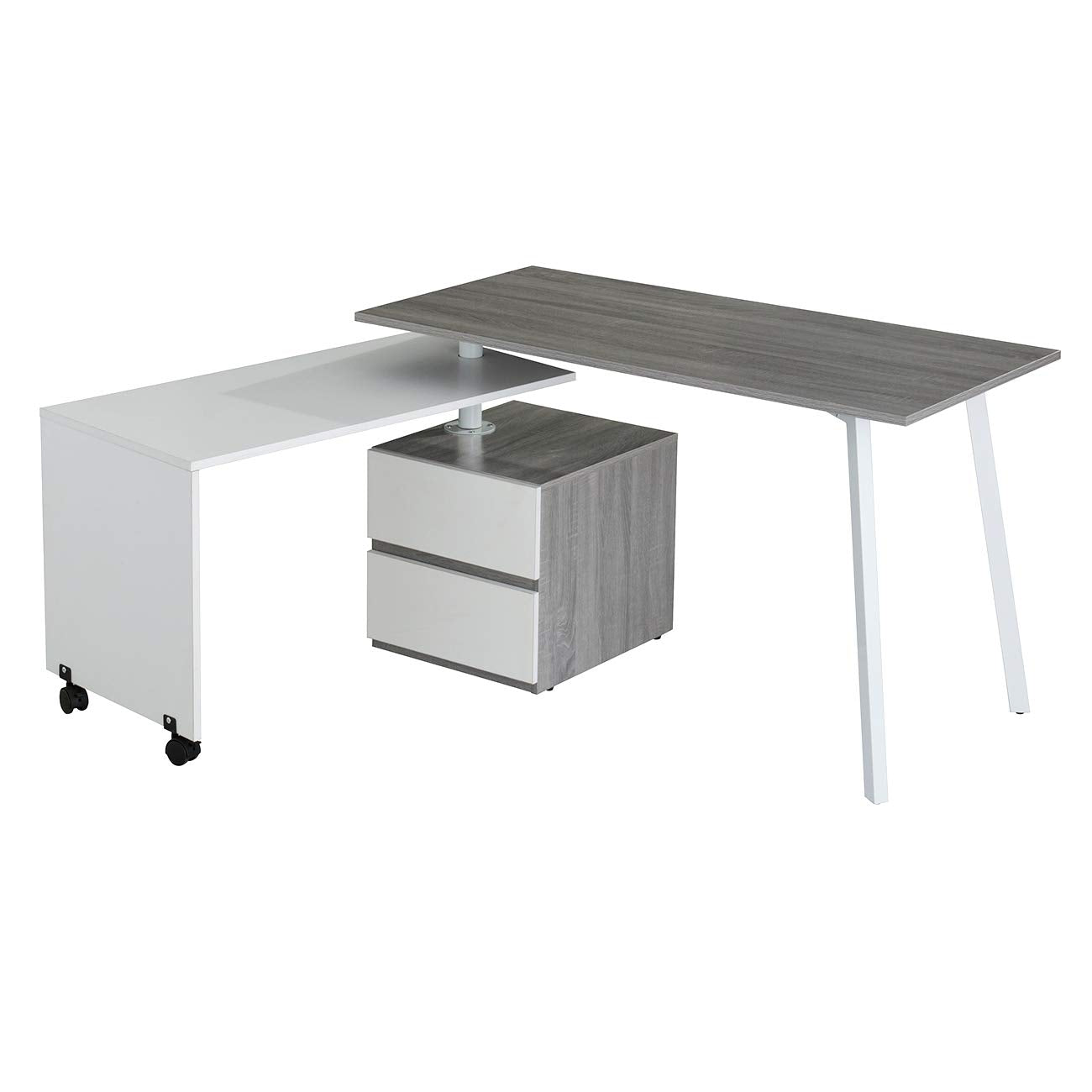 Adjustable L-Shaped Computer Desk with Rolling Tabletop for Multiple Configurations, Two-Drawer Cabinet, and Sturdy Steel Legs – Space-Saving, Ergonomic Design for Home Office or Workspace, Grey