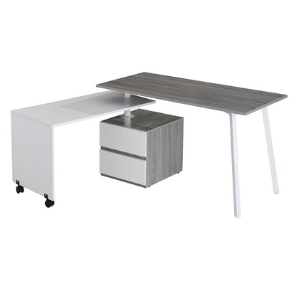 Adjustable L-Shaped Computer Desk with Rolling Tabletop for Multiple Configurations, Two-Drawer Cabinet, and Sturdy Steel Legs – Space-Saving, Ergonomic Design for Home Office or Workspace, Grey