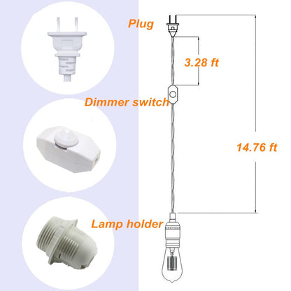 Dimmable Plug in Pendant Light Cord with Dimmer Switch, 15 Ft Hanging Lamp Cord Kit with E26/E27Socket Swag Light with Hooks for DIY Lantern Lampshade White (Incandescent Bulb Only)
