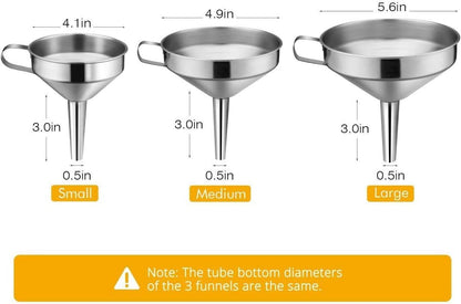 Kitchen Funnel, 3 Piece Stainless Steel Set with Handle and Removable Strainer for Liquid Transfer