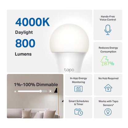 Tapo TP-Link Smart Light Bulbs - Natural Daylight, Dimmable, Compatible w/Alexa and Google Home, A60 Bulb/E27 Base, 60W Equivalent, 800LM CRI>90, 2.4GHz WiFi Only, No Hub Required, L520E(4-Pack)