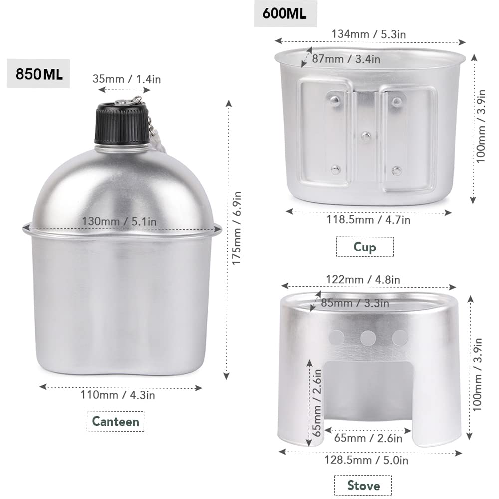Lixada Military Canteen Set 3pcs Portable Camping Cookware Set Cooking Pots Military Canteen Wooden Stove Cup Set for Camping Hiking Backpack