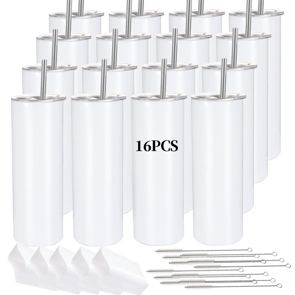 16 Pack Sublimation Tumblers Straight Skinny Tumbler Blanks Bulk 20oz for Heat Transfer, Individual Gift Boxed, Double Wall Insulated Tumbler with Shrink Wrap & Straws