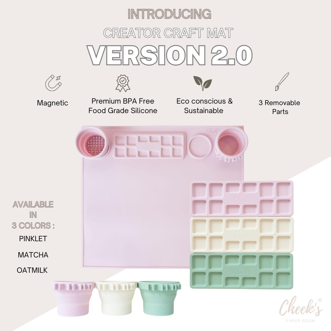 Silicone Craft Mat for Kids Painting – Creator Craft Mat V2.0 with Built-in Collapsible Brush Cleaning Cup | Nonstick Art Mat for Crafts, Resin, Clay & Playdough | Cheek's Paper Room 15" x 17"-Oatmilk