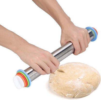 Stainless Steel Rolling Pin, Non-stick Adjustable Cake Dough Roller with Thickness Ring, Bakeware Tool