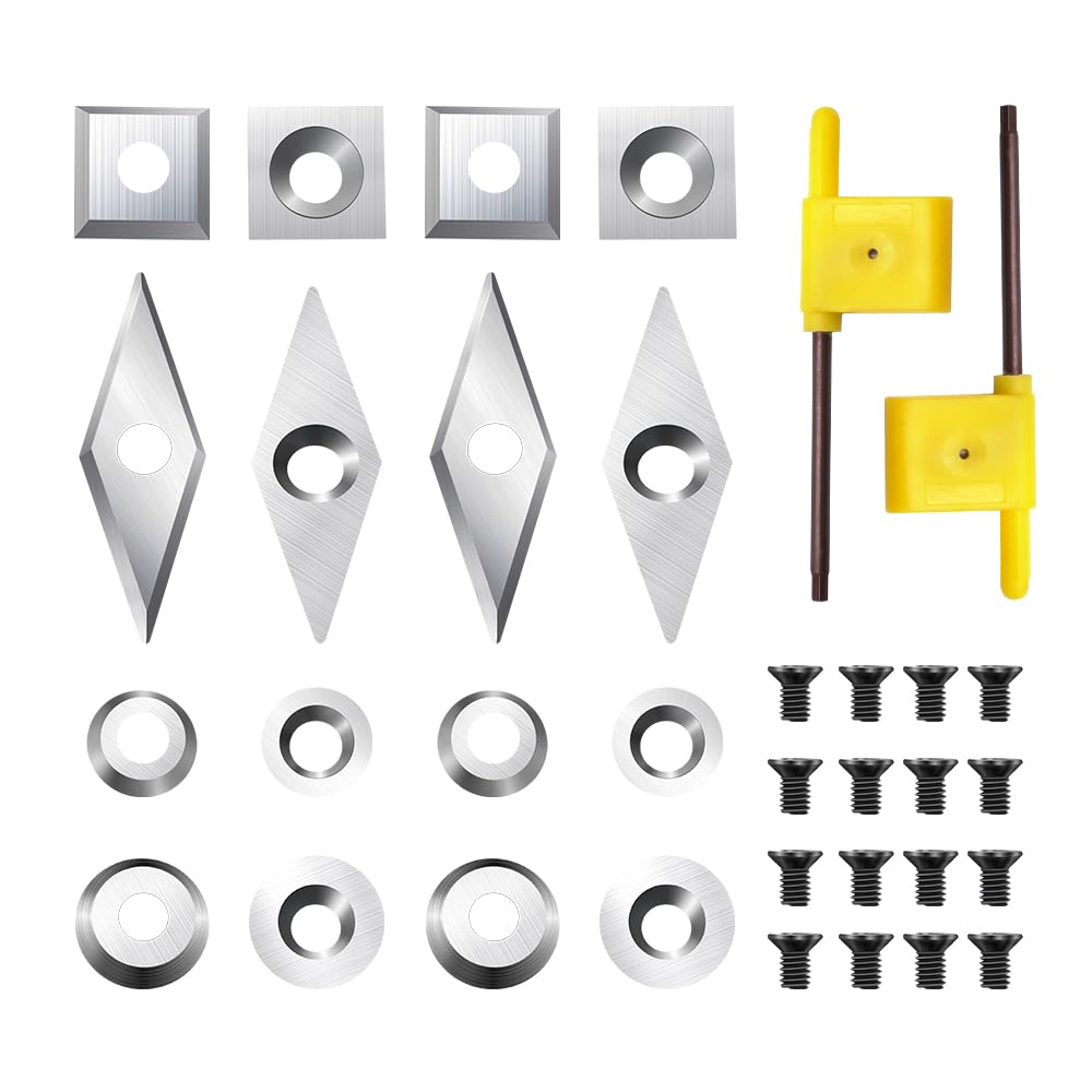 FHONK 34Pcs Tungsten Carbide Cutters Inserts Set, Lathe Tools for Wood Lathe Turning Tools, Supplied with Screws and Screwdriver (Silver-34Pcs)