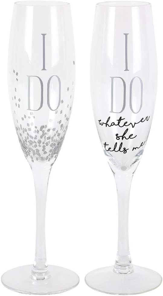 Enesco Our Name is Mud I Do Glittered Wine Glasses - Wedding Champagne Flute, 2 Piece Set, Clear