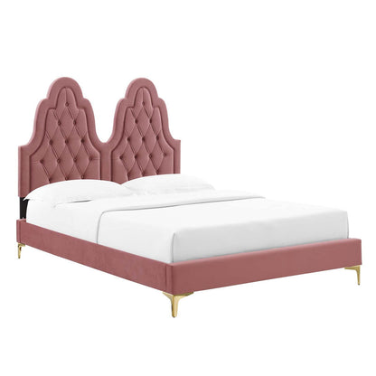 Modway Alexandria Tufted Performance Velvet Twin Platform Bed in Dusty Rose with Gold Legs