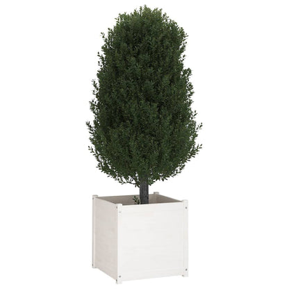Foknhdi 2 Pack 23.6 in White Square Solid Pine Wood Large Planter Box, Raised Garden Bed Outdoor with Drainage Holes, Minimalist Patio Herb Flower Pot for Balcony, Yard and Garden